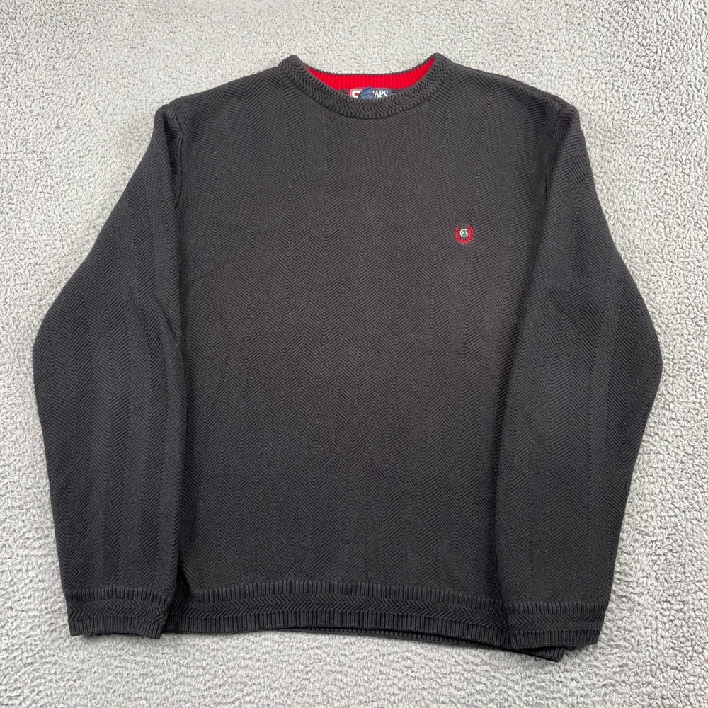 Chaps Sweater Mens XL Black Ralph Lauren Herringbone Knit Cotton Pullover Crest
